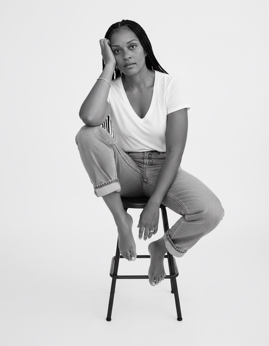Black-and-white portrait of a woman seated on a stool, still and at rest.