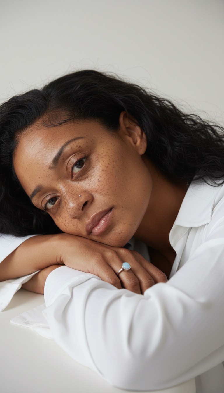 A woman resting her head on her arms, quiet and depleted.